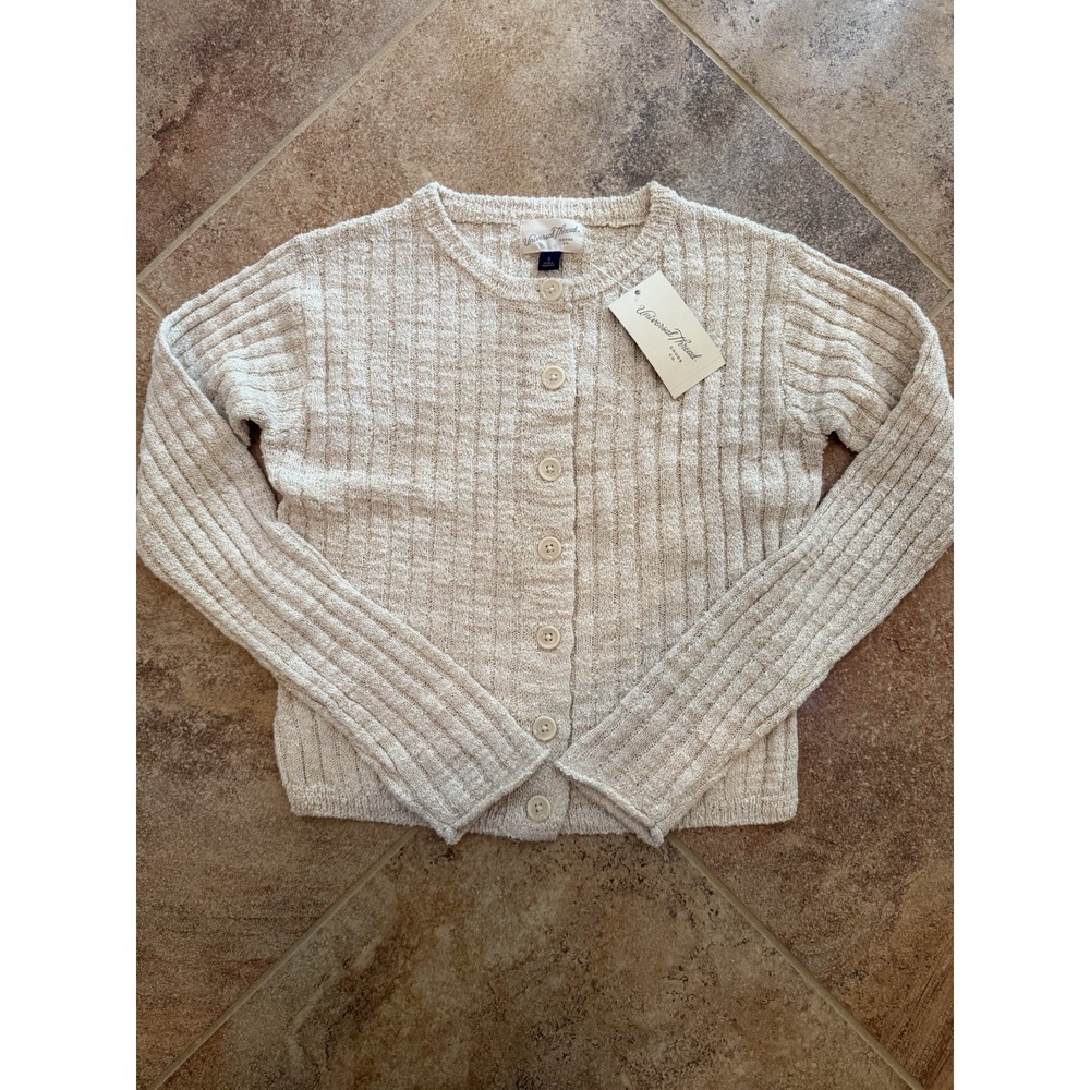 Women's Universal Thread Oatmeal Rib-Knit Crewneck Button-Front Cardigan Small